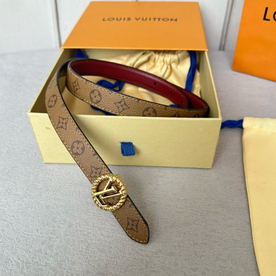 Louis Vuitton Circle Nautical 20mm Reversible Belt Gold Buckle Burgundy Light Brown Lambskin