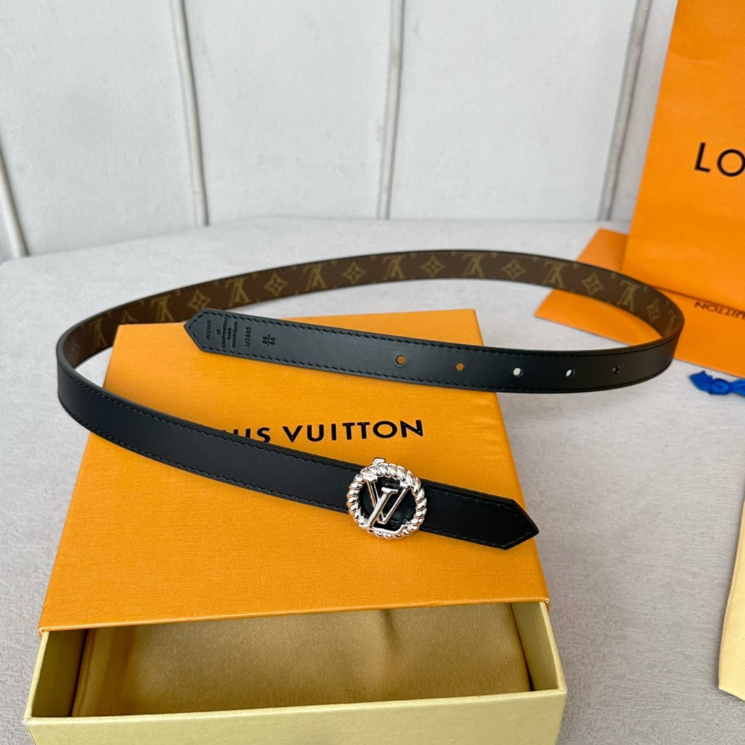 Louis Vuitton Circle Nautical 20mm Reversible Belt Silver Buckle Black Brown Lambskin