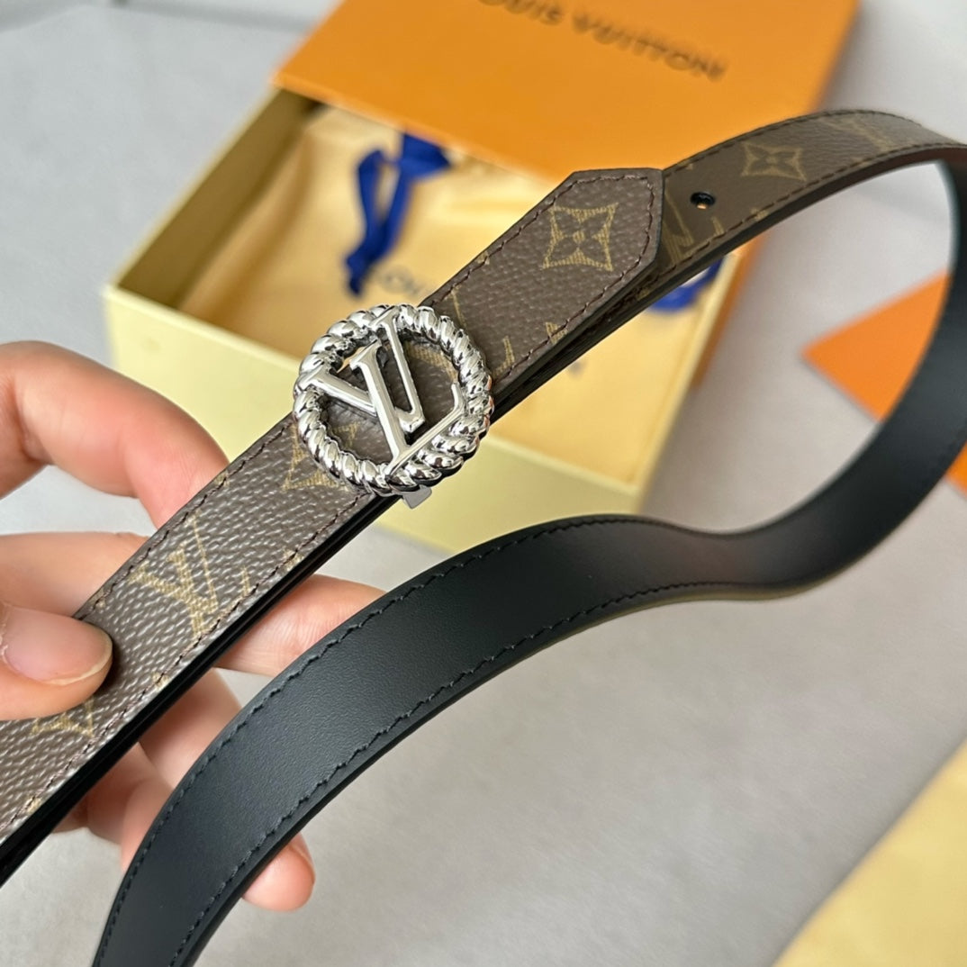 Louis Vuitton Circle Nautical 20mm Reversible Belt Silver Buckle Black Brown Lambskin