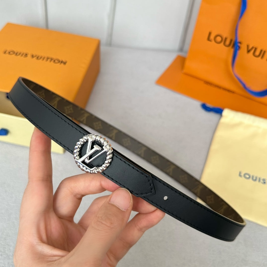 Louis Vuitton Circle Nautical 20mm Reversible Belt Silver Buckle Black Brown Lambskin