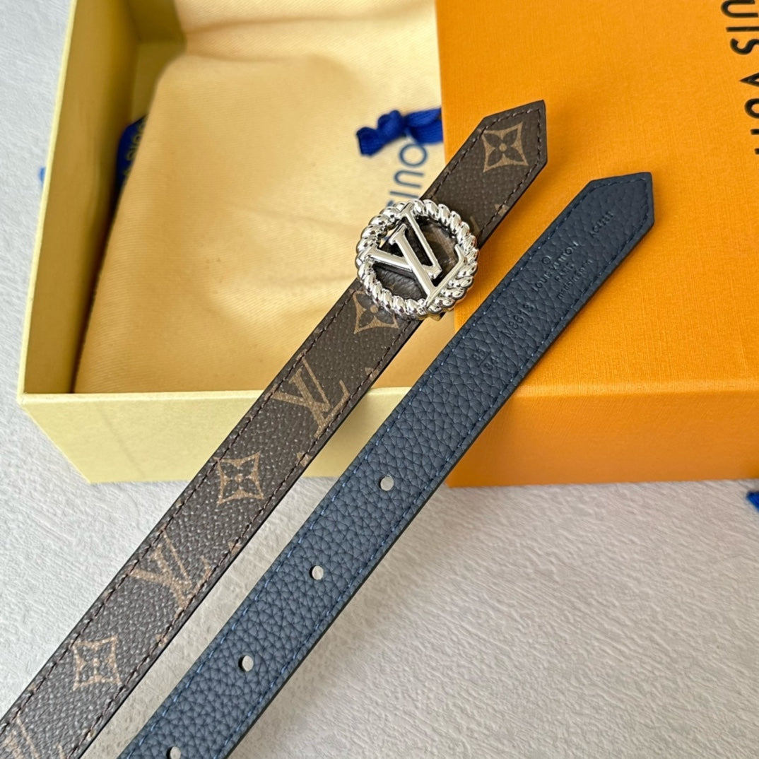 Louis Vuitton Circle Nautical 20mm Reversible Belt Silver Buckle Navy Blue Brown Leather