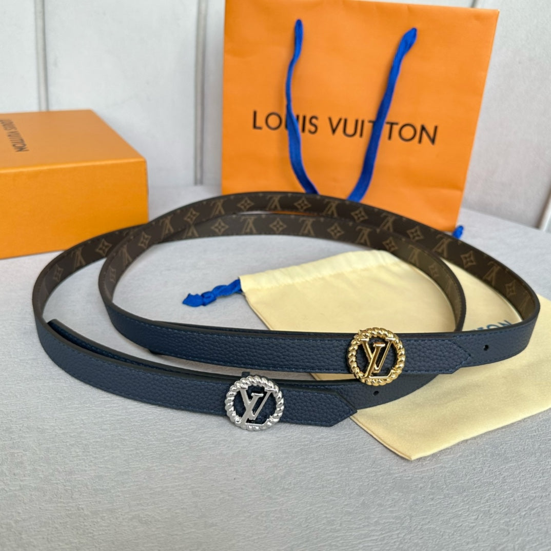Louis Vuitton Circle Nautical 20mm Reversible Belt Silver Buckle Navy Blue Brown Leather