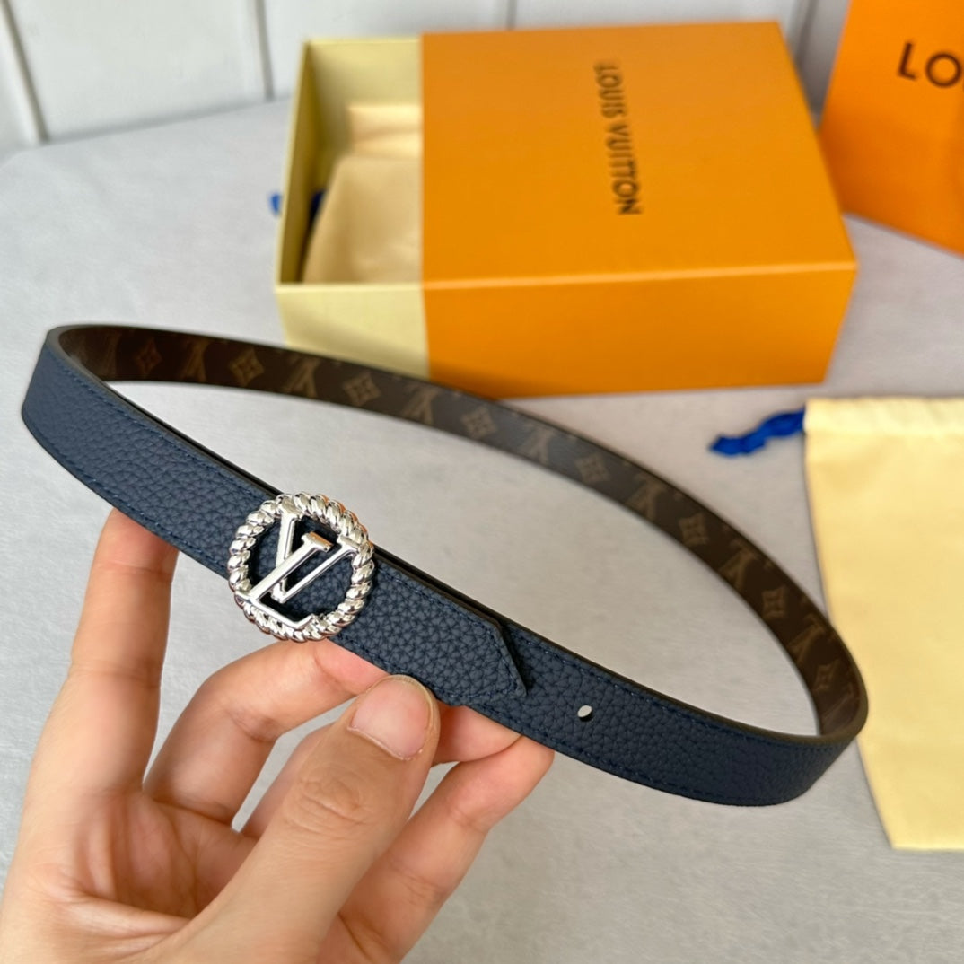 Louis Vuitton Circle Nautical 20mm Reversible Belt Silver Buckle Navy Blue Brown Leather