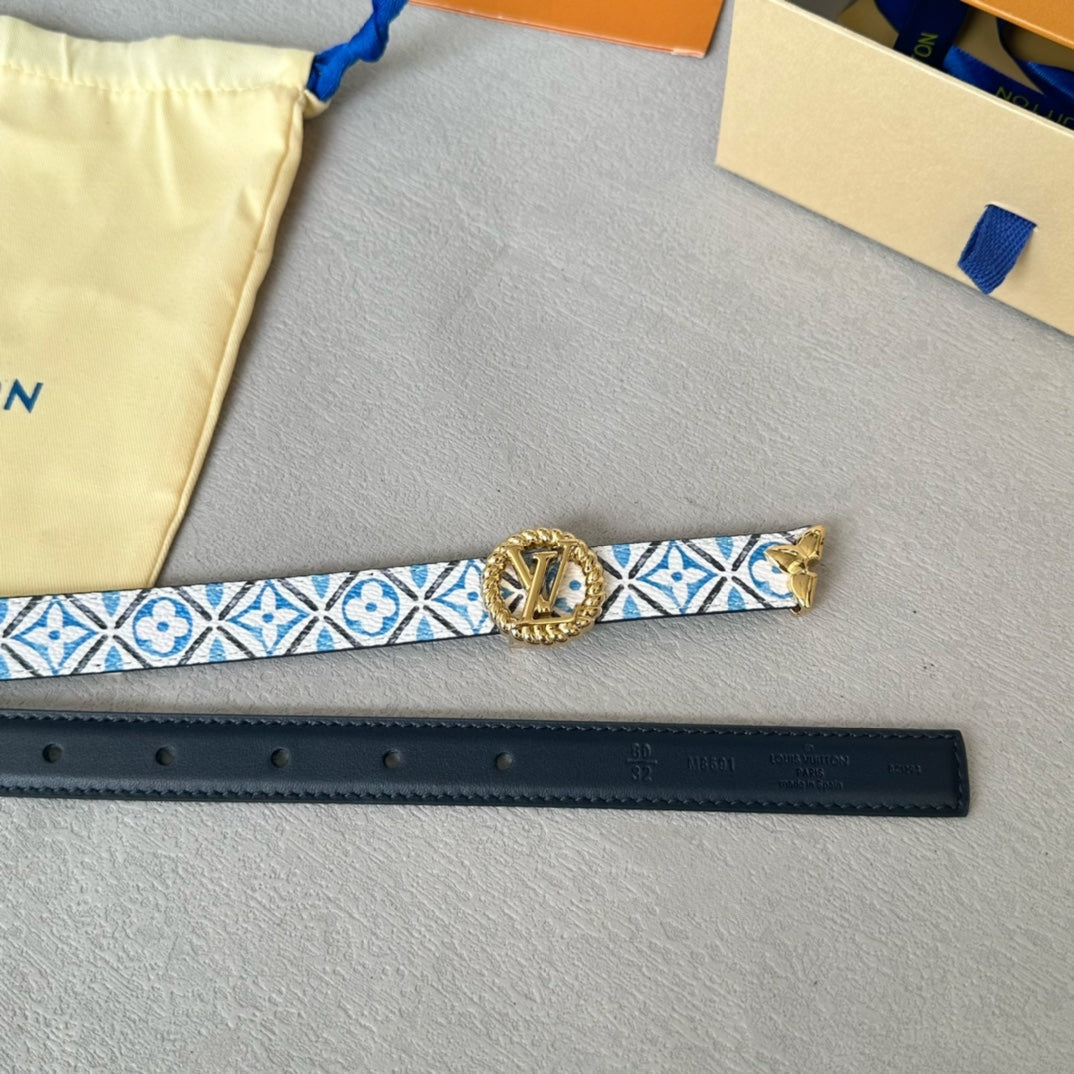 Louis Vuitton Circle Nautical 20mm Reversible Belt Gold Buckle Black White Blue Lambskin