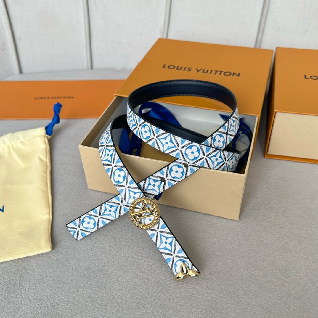 Louis Vuitton Circle Nautical 20mm Reversible Belt Gold Buckle Black White Blue Lambskin