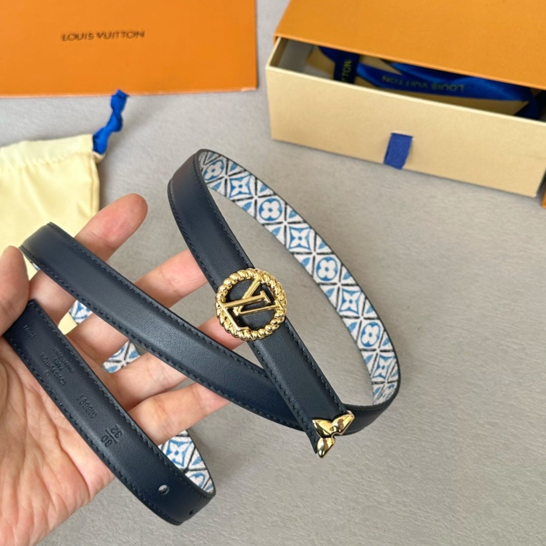 Louis Vuitton Circle Nautical 20mm Reversible Belt Gold Buckle Black White Blue Lambskin