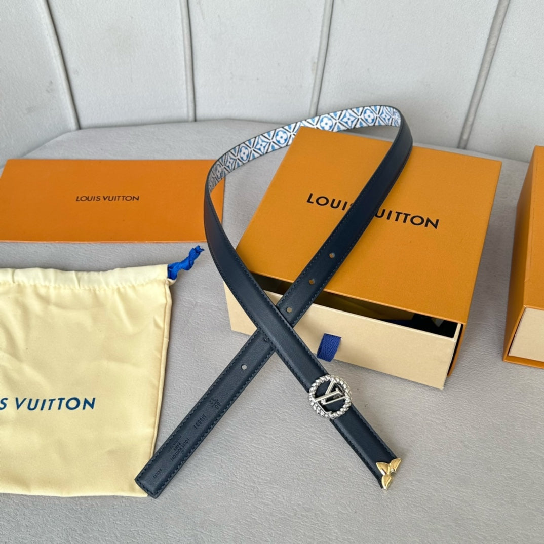 Louis Vuitton Circle Nautical 20mm Reversible Belt Silver Buckle Black White Blue Lambskin