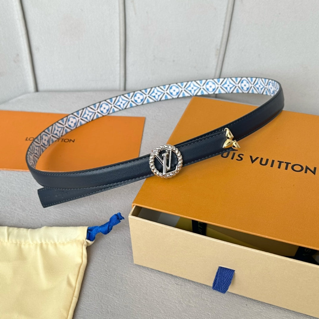 Louis Vuitton Circle Nautical 20mm Reversible Belt Silver Buckle Black White Blue Lambskin
