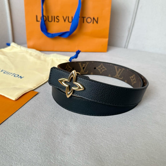 Louis Vuitton  MINI FLOWERGRAM 30MM REVERSIBLE BELT IN BLACK CALFSKIN GOLD HARDWARE
