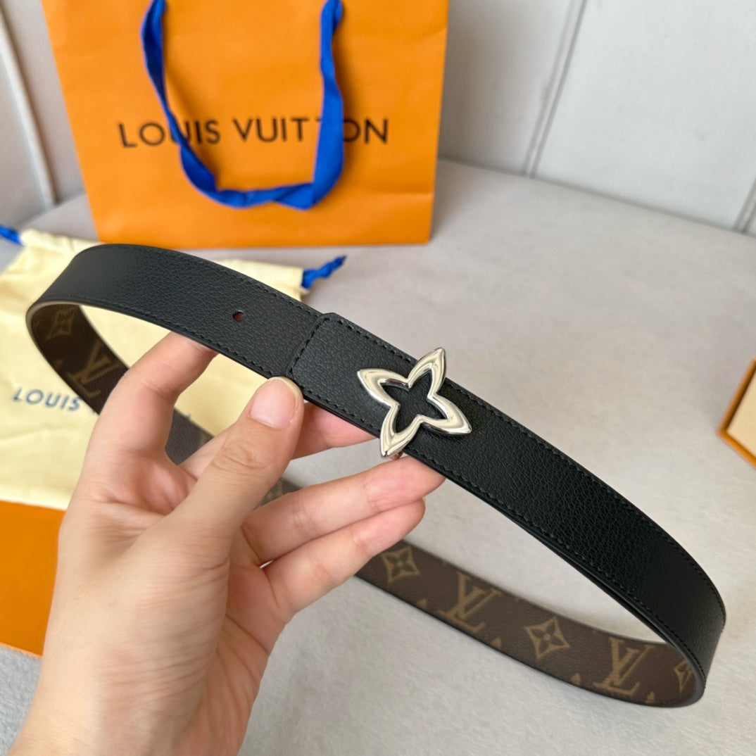 Louis Vuitton Flowergram 30mm Reversible Belt Silver Buckle Black Brown Leather