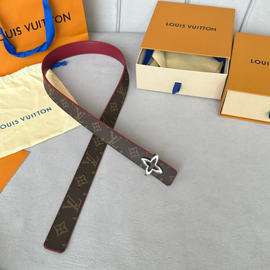 Louis Vuitton Flowergram 30mm Reversible Belt Silver Buckle Burgundy Brown Leather