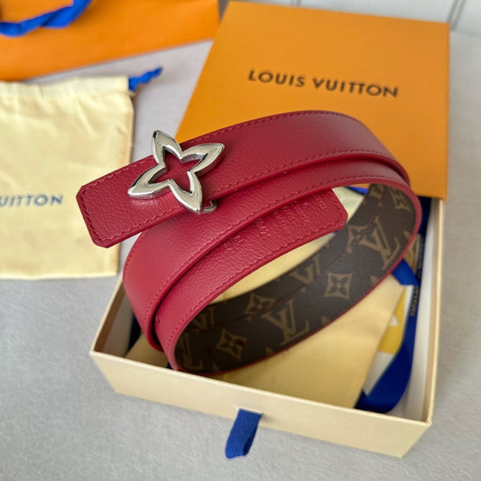 Louis Vuitton  MINI FLOWERGRAM 30MM REVERSIBLE BELT IN BLOOD RED CALFSKIN SILVER HARDWARE