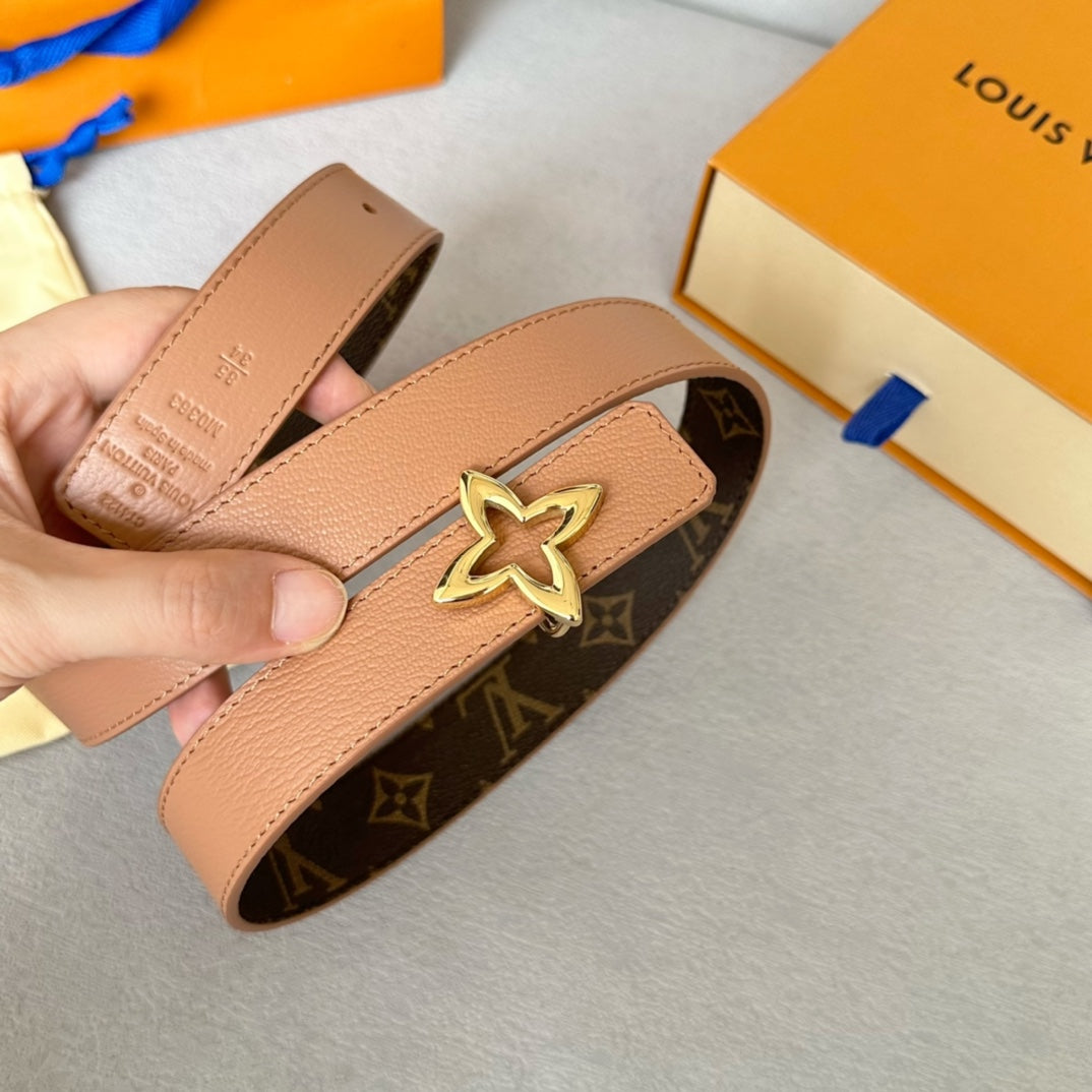 Louis Vuitton Flowergram 30mm Reversible Belt Gold Buckle Beige Brown Leather