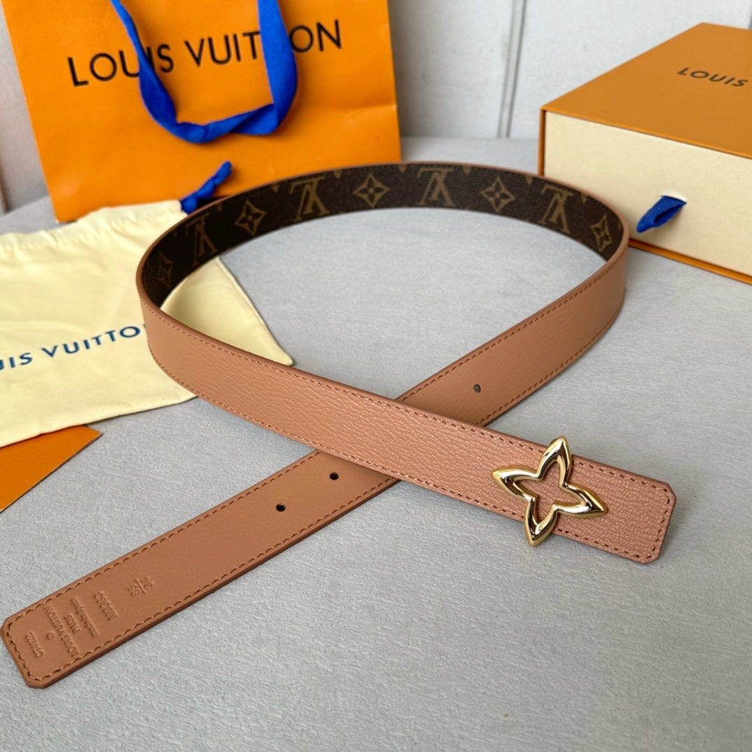 Louis Vuitton Flowergram 30mm Reversible Belt Gold Buckle Beige Brown Leather