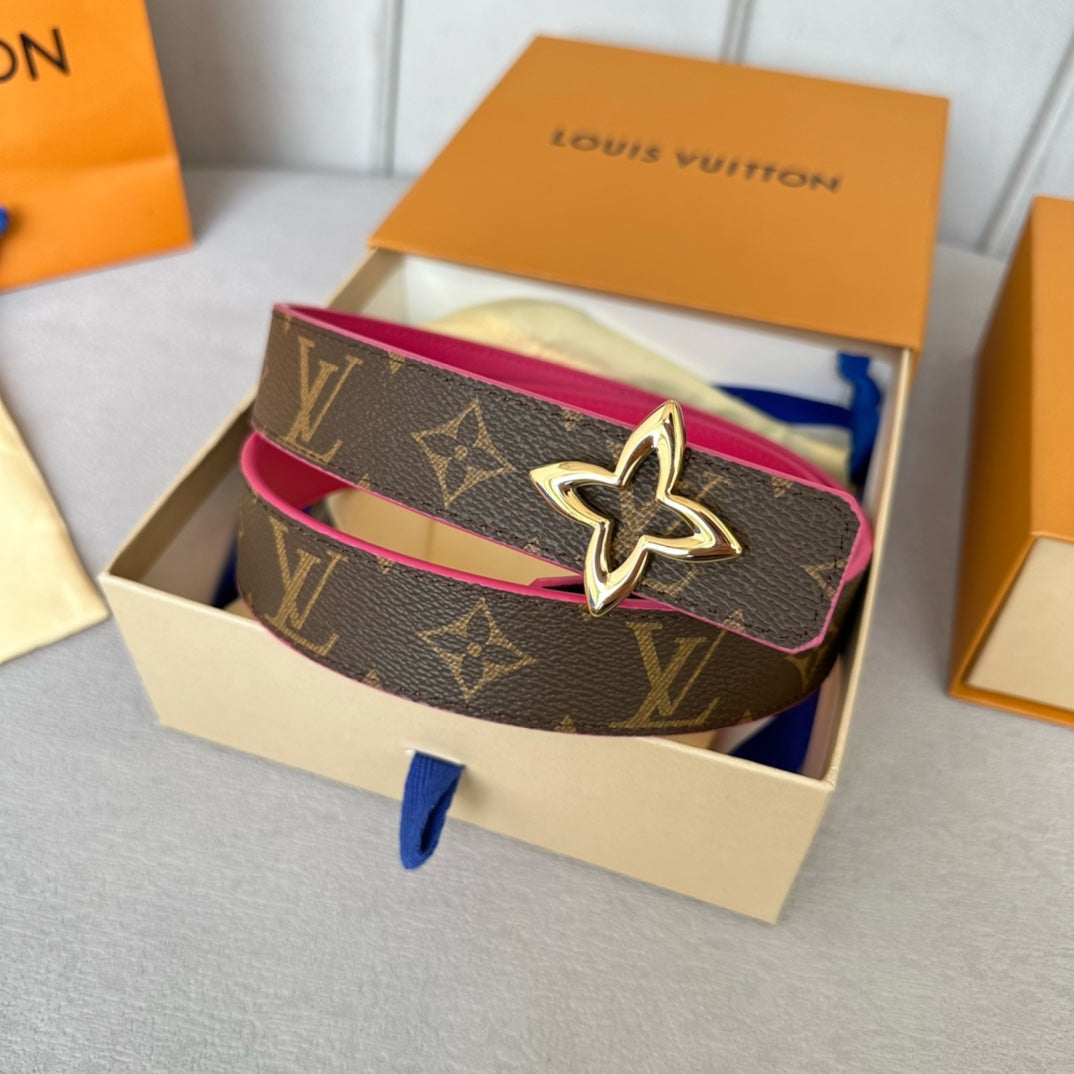 Louis Vuitton Flowergram 30mm Reversible Belt Gold Buckle Hot Pink Brown Leather