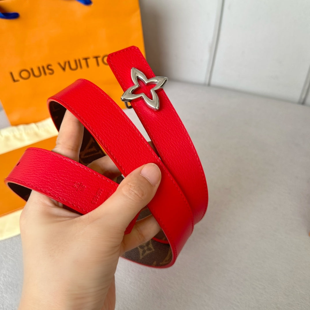 Louis Vuitton Flowergram 30mm Reversible Belt Silver Buckle Red Brown Leather