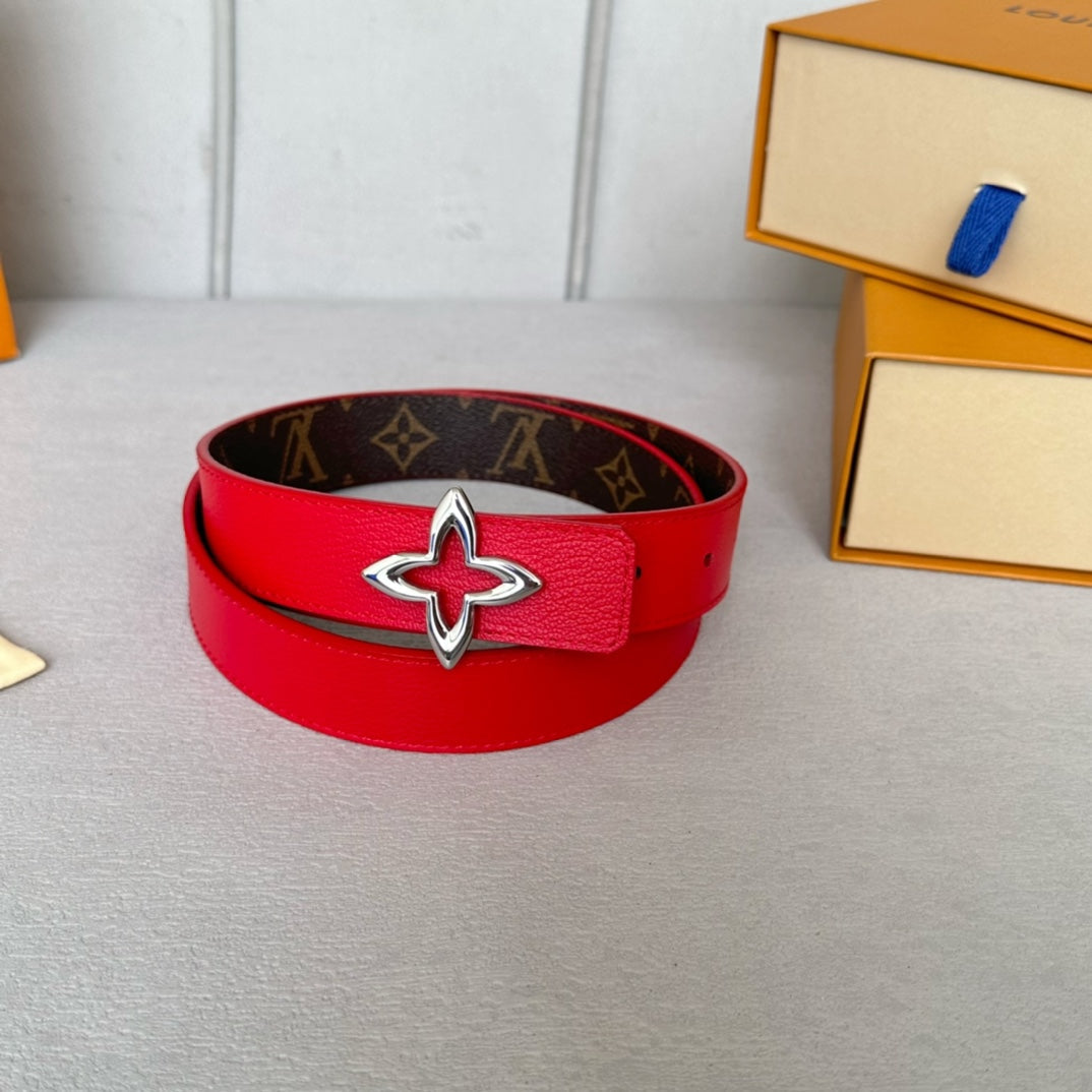Louis Vuitton Flowergram 30mm Reversible Belt Silver Buckle Red Brown Leather
