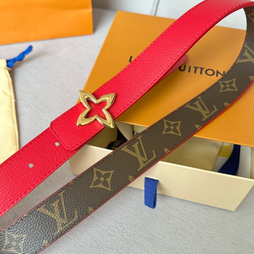 Louis Vuitton Flowergram 30mm Reversible Belt Gold Buckle Red Brown Leather