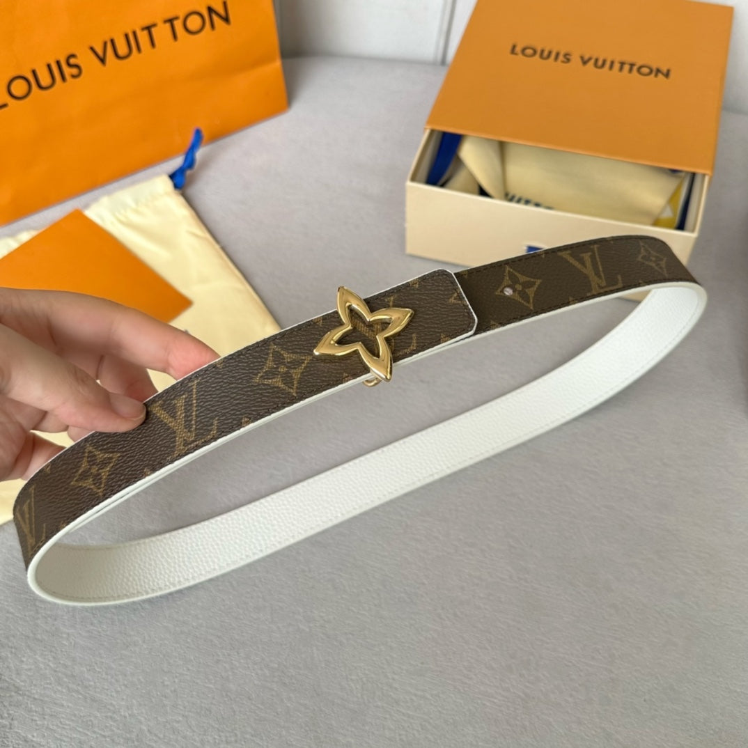 Louis Vuitton Flowergram 30mm Reversible Belt Gold Buckle White Brown Leather