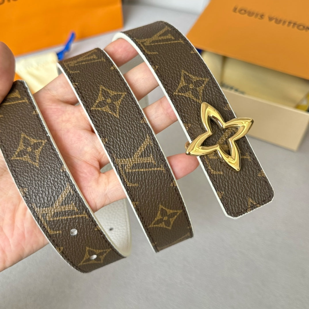 Louis Vuitton Flowergram 30mm Reversible Belt Gold Buckle White Brown Leather