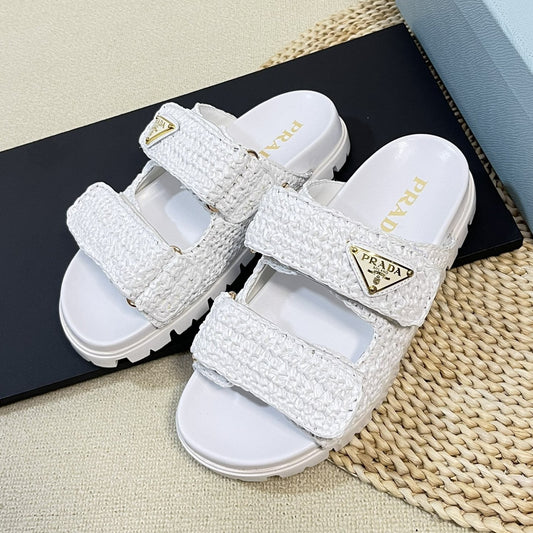 PRADA Raffia Cork Slide 40 White
