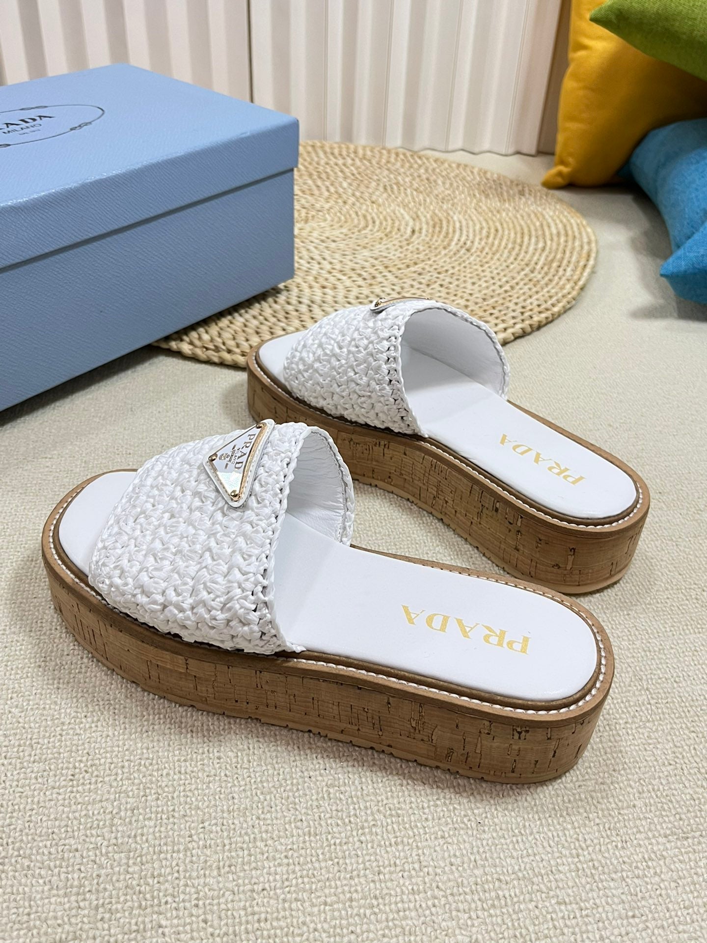 PRADA Crochet Flatform Slides 40 Lightweight Cork Sole White