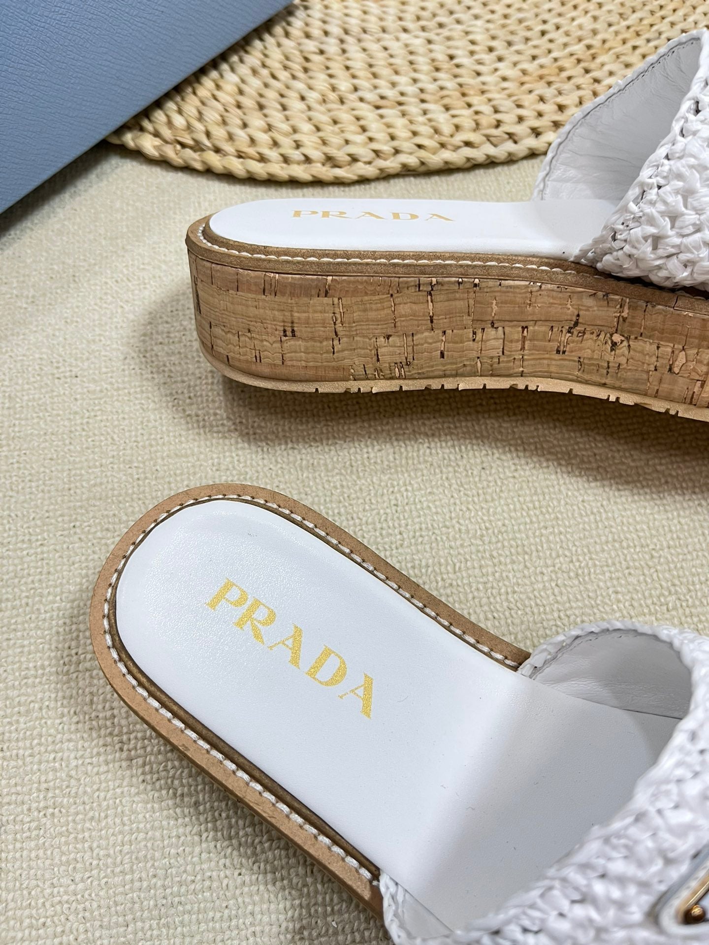 PRADA Crochet Flatform Slides 40 Lightweight Cork Sole White