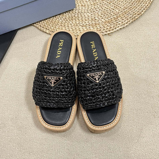 PRADA Crochet Flatform Slides 40 Lightweight Cork Sole Black