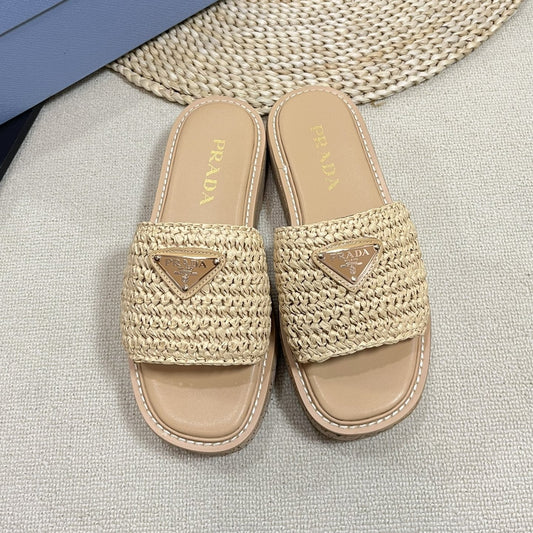 PRADA Crochet Flatform Slides 40 Lightweight Cork Sole Beige