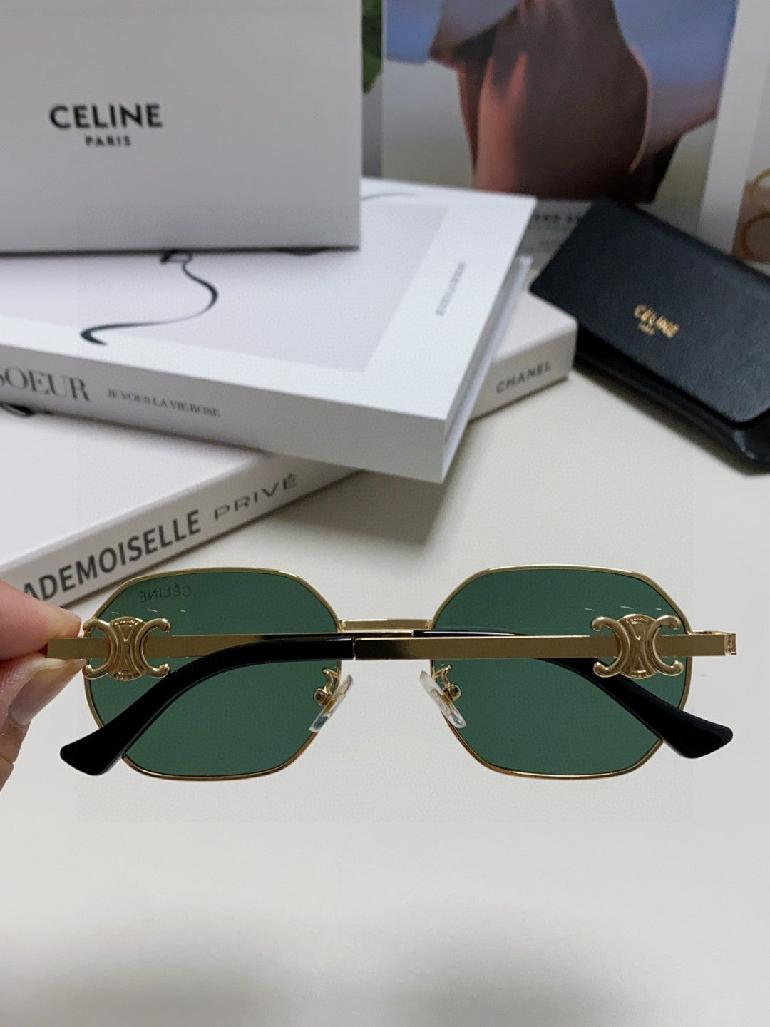 Celine TRIOMPHE SUNGLASS 497821 IN GOLD METAL DARK TEAL LENSES