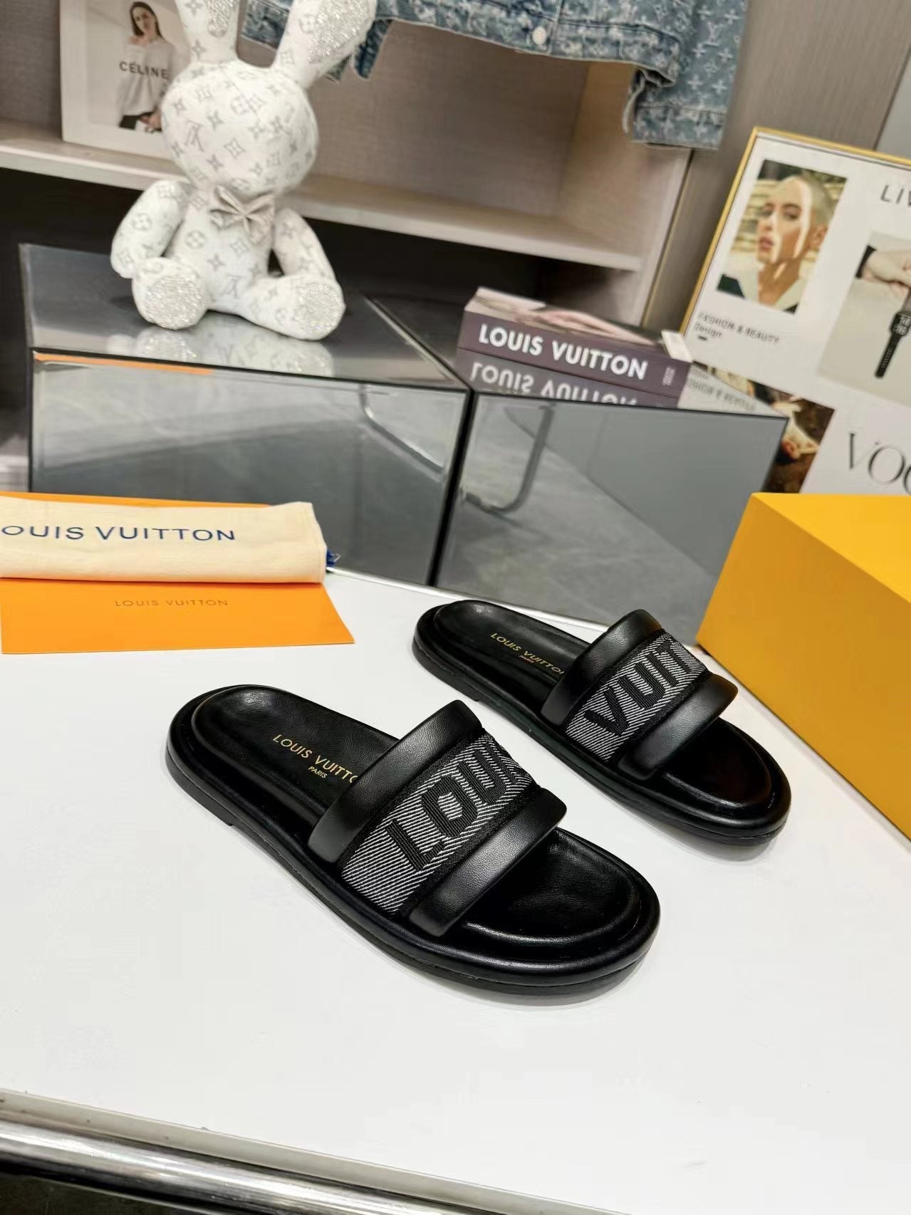 Louis Vuitton bliss flat mule grey canvas black calfskin