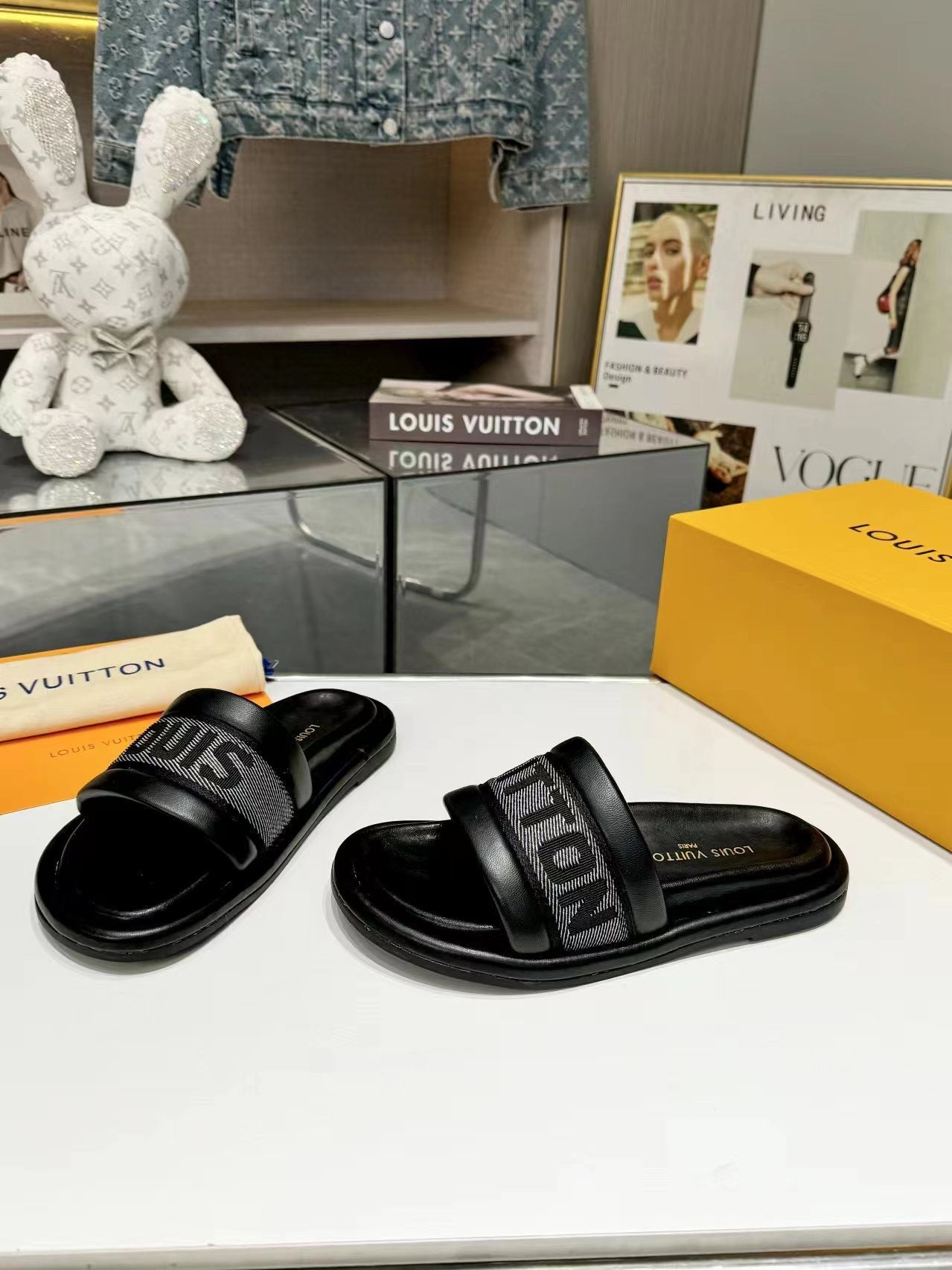 Louis Vuitton bliss flat mule grey canvas black calfskin