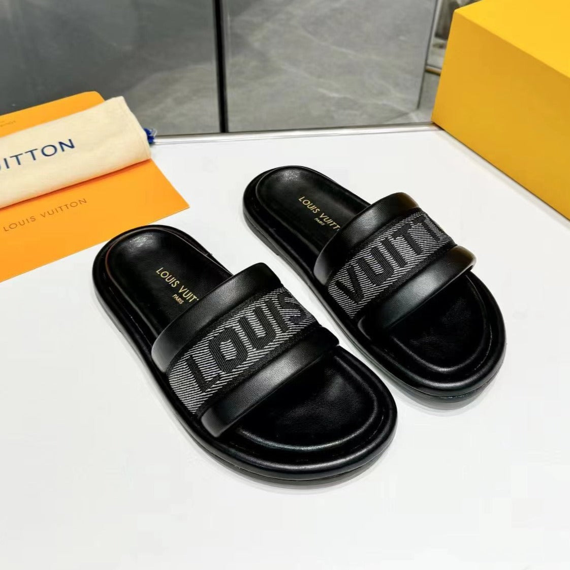 Louis Vuitton bliss flat mule grey canvas black calfskin