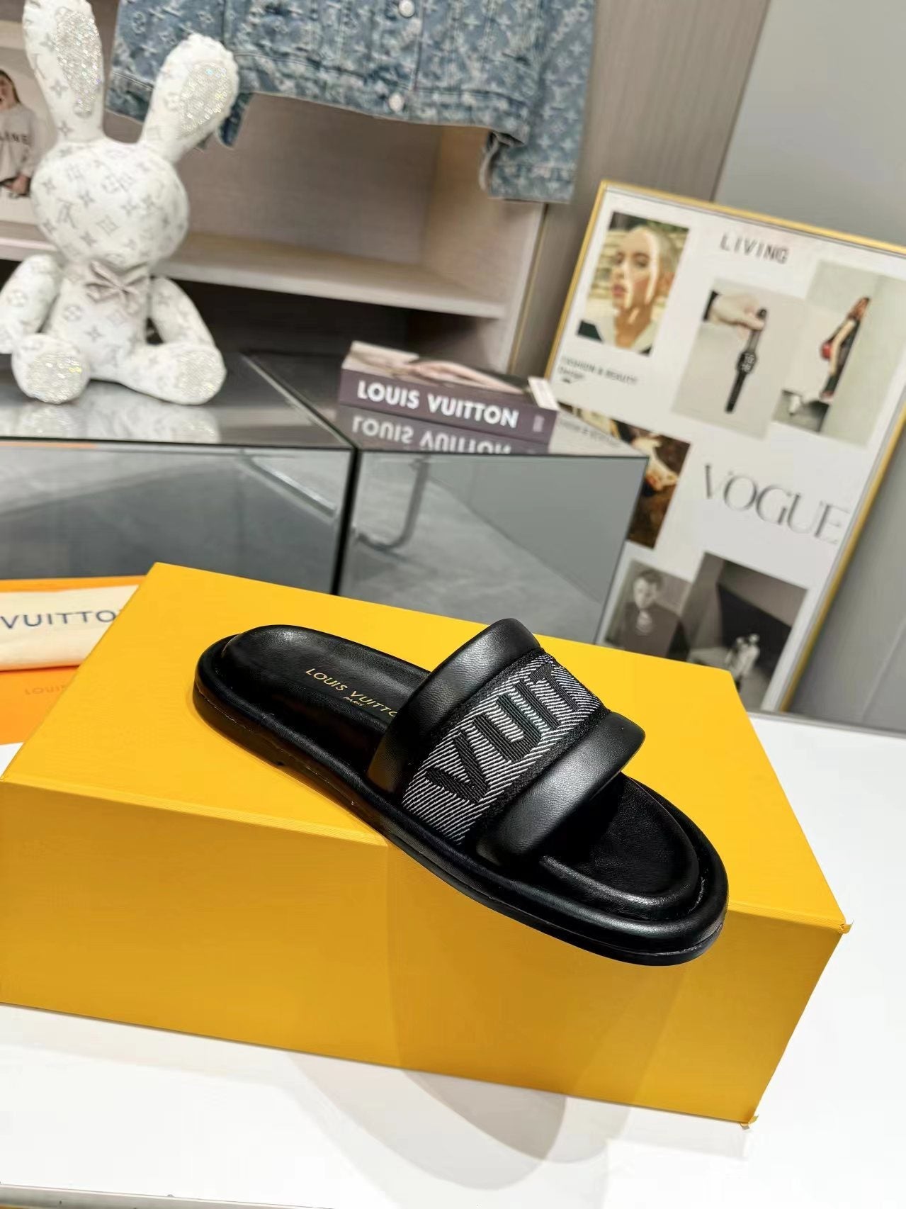 Louis Vuitton bliss flat mule grey canvas black calfskin