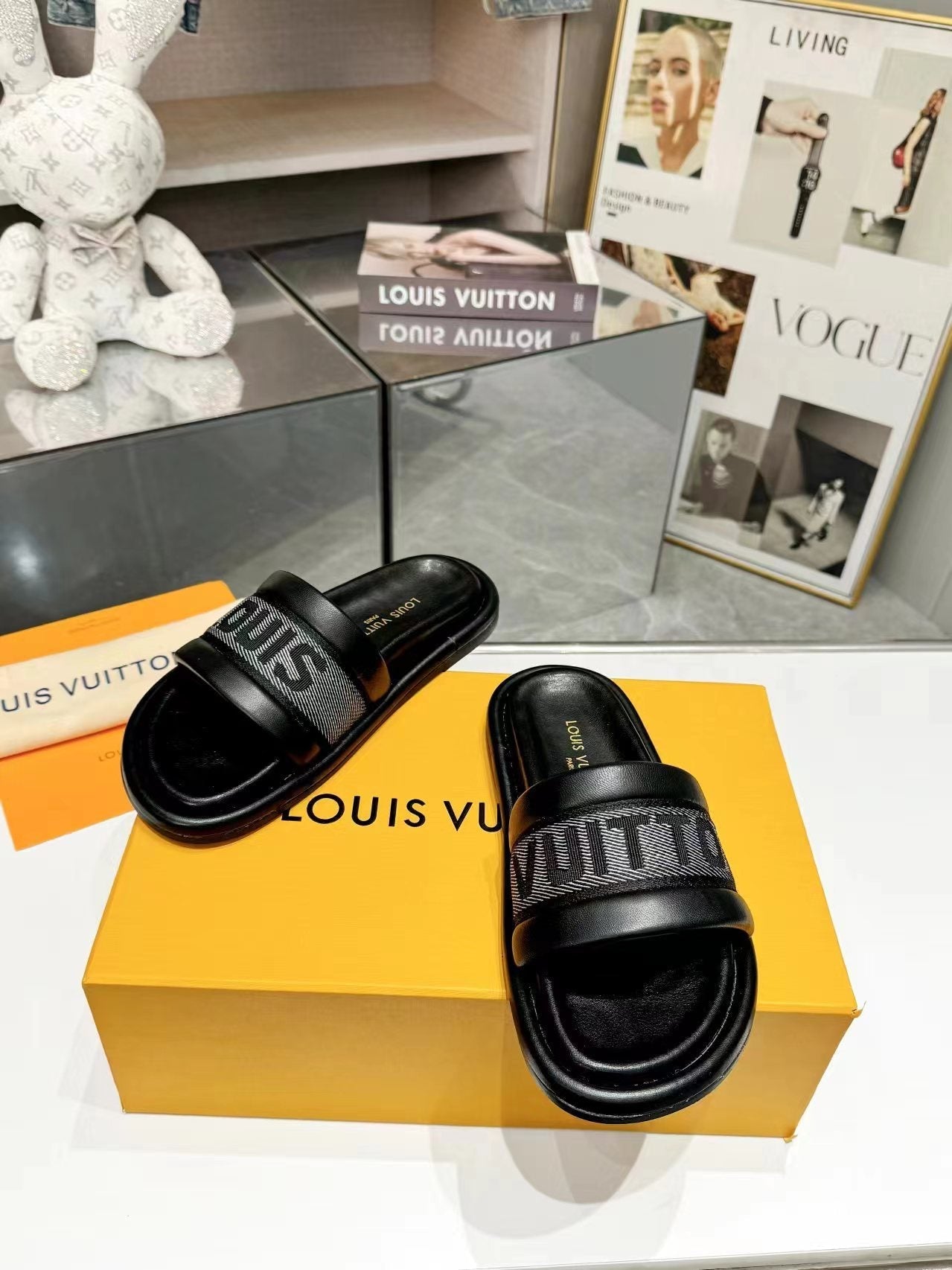 Louis Vuitton bliss flat mule grey canvas black calfskin