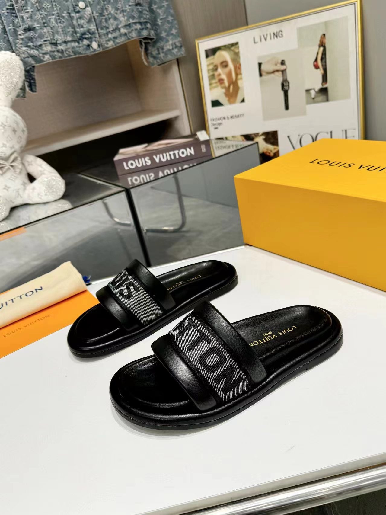 Louis Vuitton bliss flat mule grey canvas black calfskin