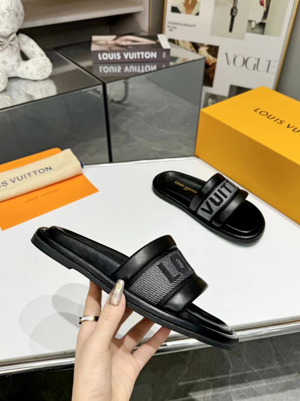 Louis Vuitton bliss flat mule grey canvas black calfskin