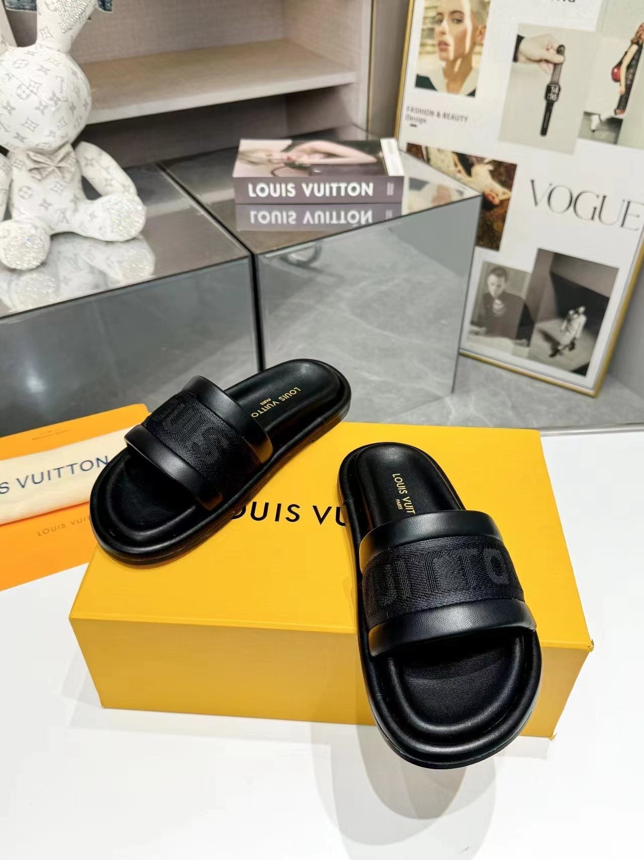Louis Vuitton bliss flat mule black canvas calfskin