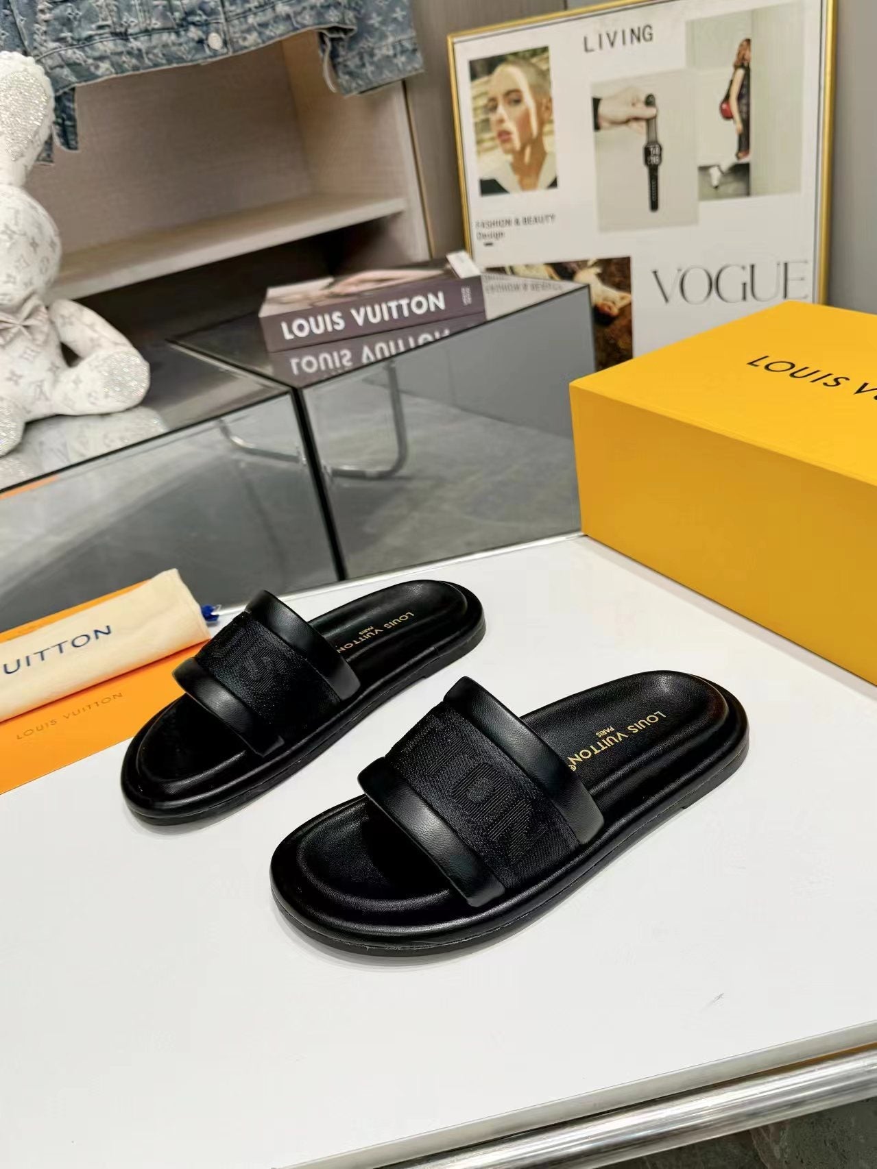 Louis Vuitton bliss flat mule black canvas calfskin