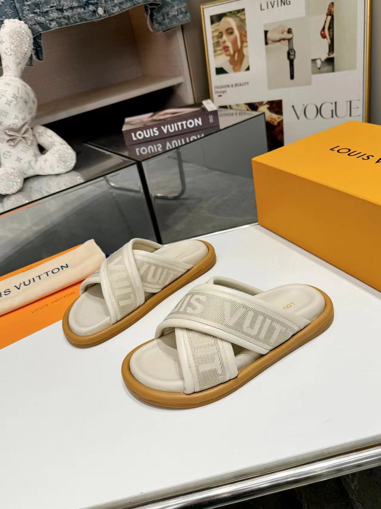 Louis Vuitton bliss corss sandal mule cream textile calfskin