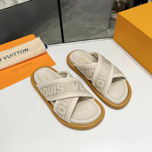 Louis Vuitton bliss corss sandal mule cream textile calfskin