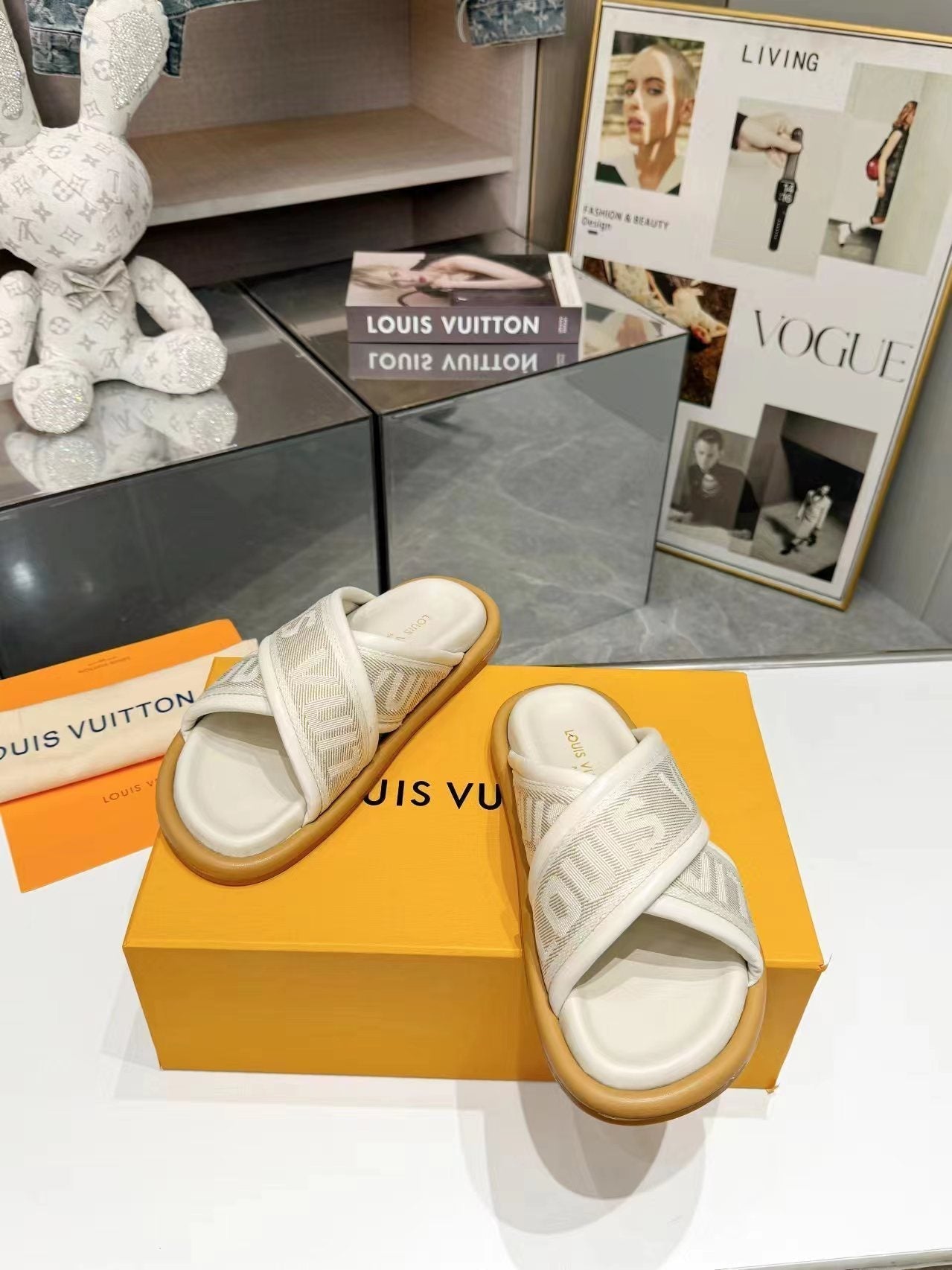 Louis Vuitton bliss corss sandal mule cream textile calfskin