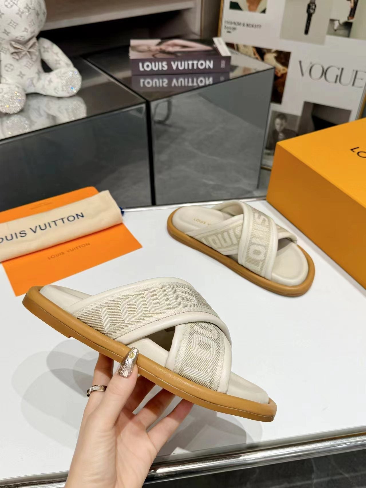 Louis Vuitton bliss corss sandal mule cream textile calfskin