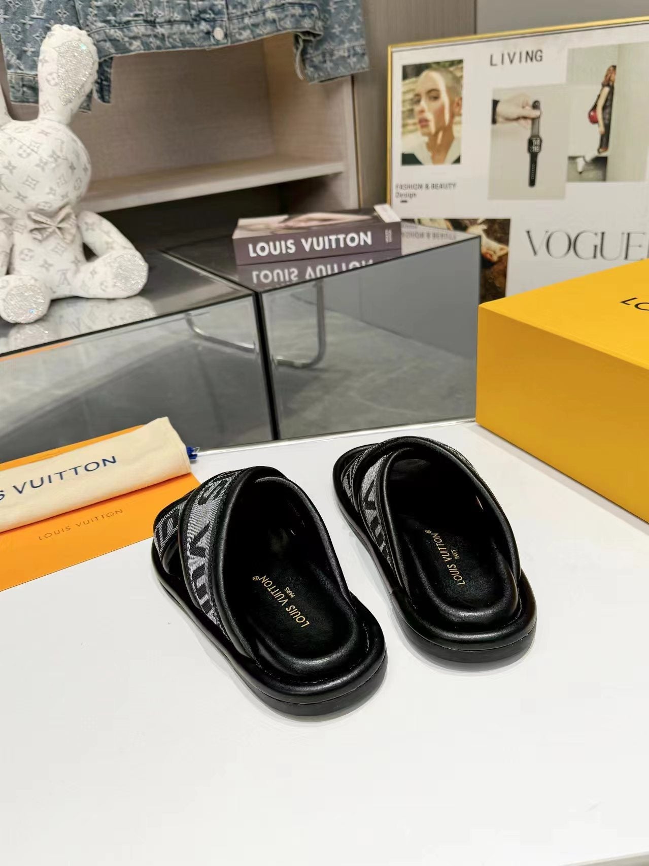 Louis Vuitton bliss cross sandal mule black textile calfskin