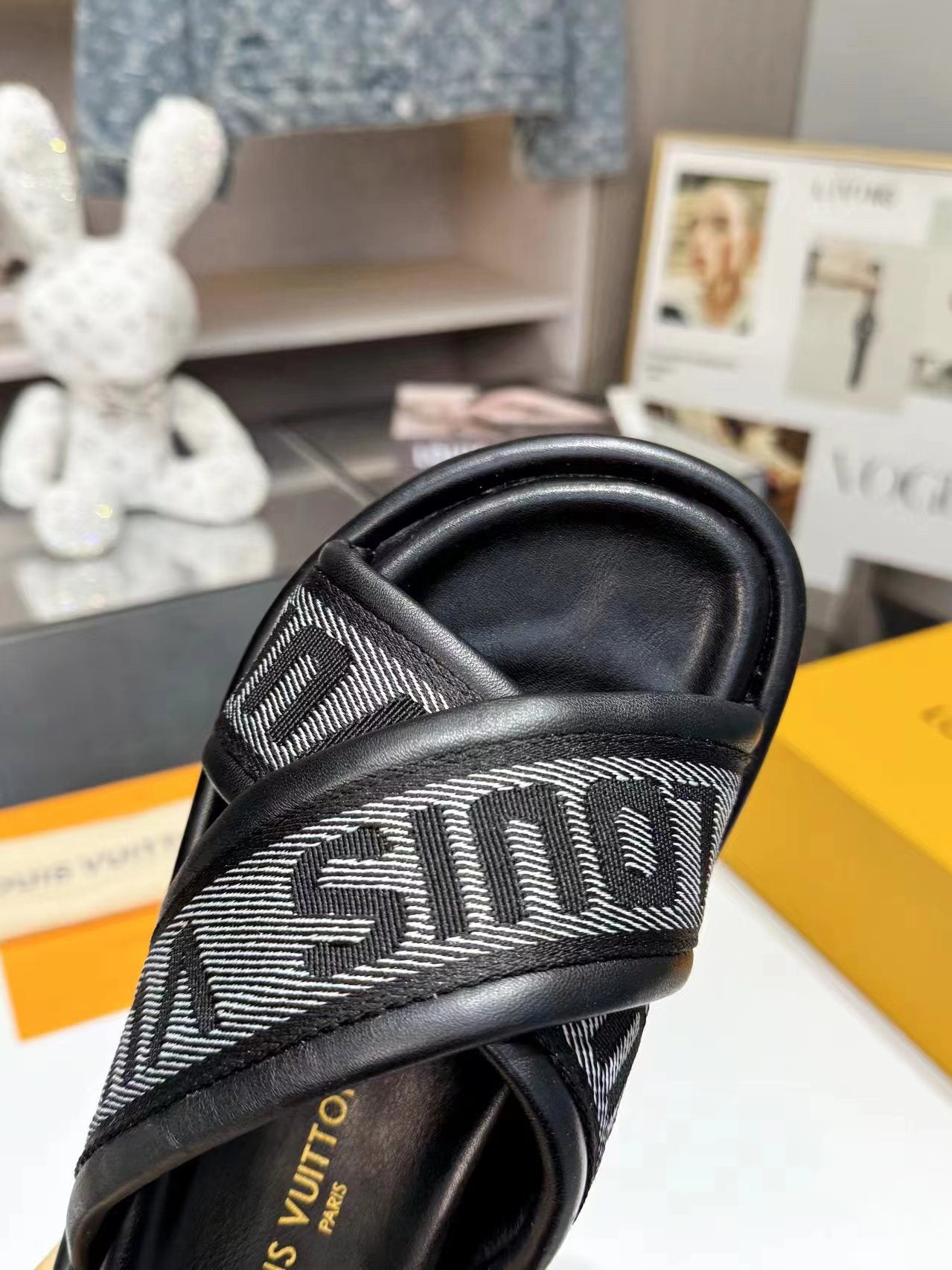 Louis Vuitton bliss cross sandal mule black textile calfskin