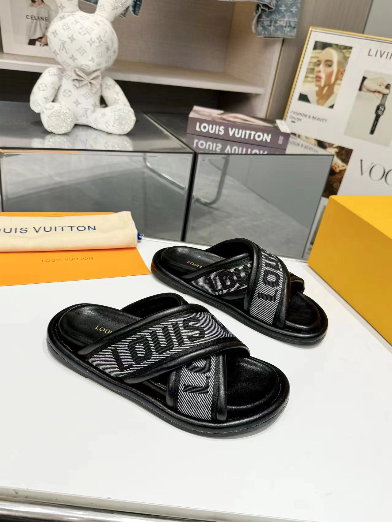 Louis Vuitton bliss cross sandal mule black textile calfskin