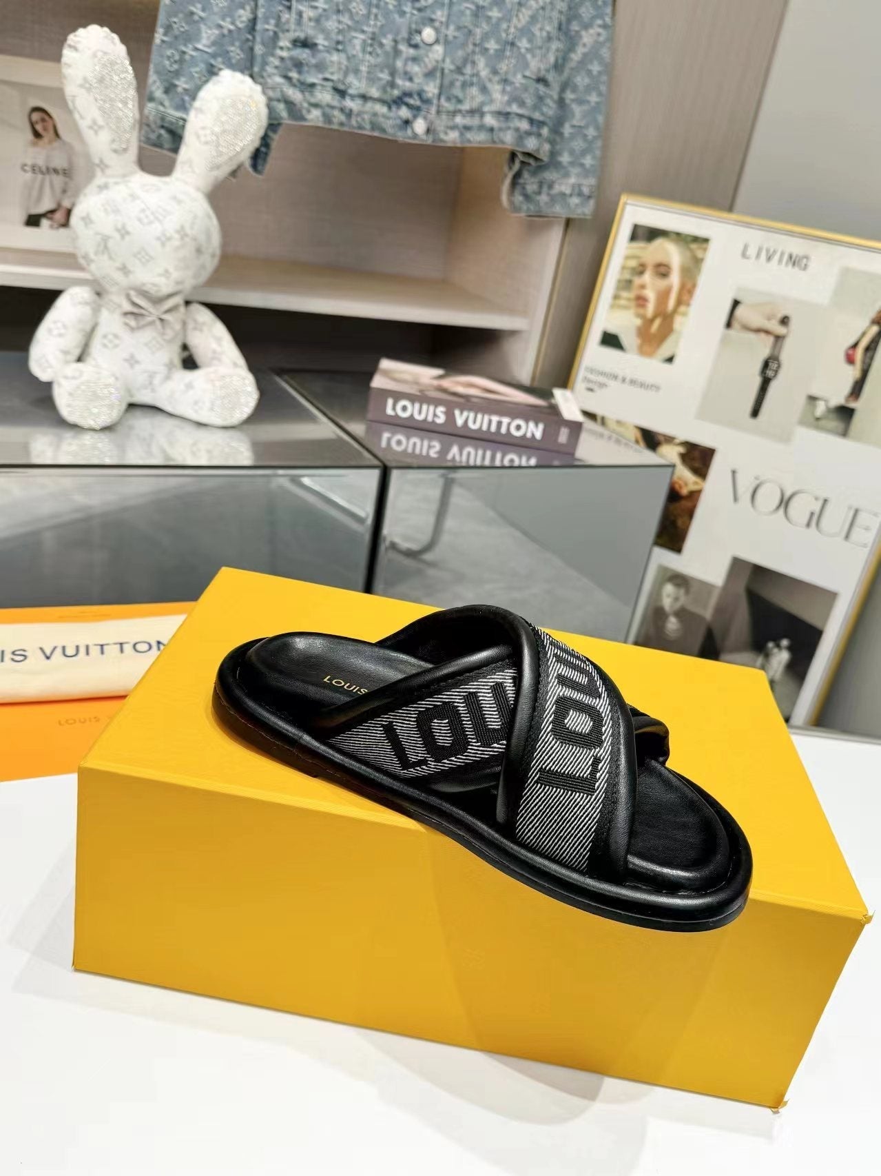 Louis Vuitton bliss cross sandal mule black textile calfskin