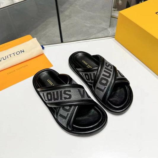Louis Vuitton bliss cross sandal mule black textile calfskin