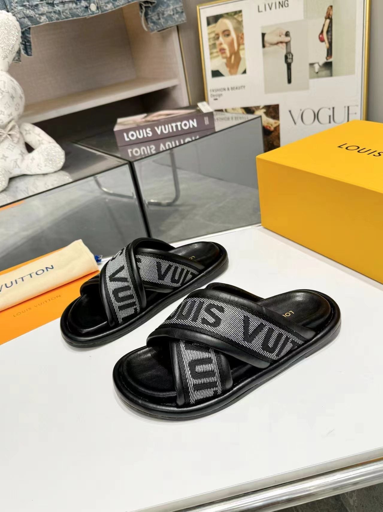 Louis Vuitton bliss cross sandal mule black textile calfskin