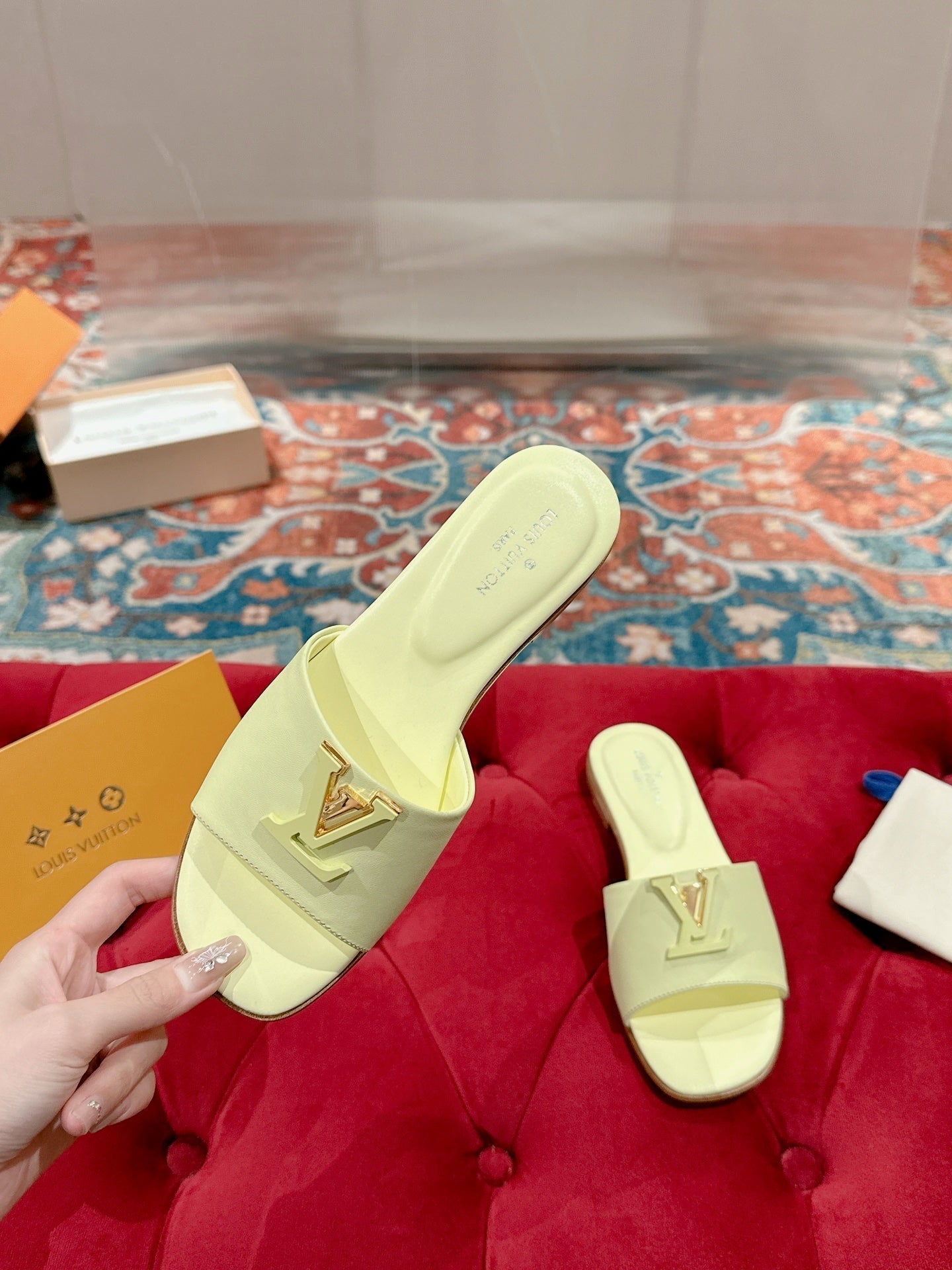 Louis Vuitton capri flat mule pastel yellow calfskin